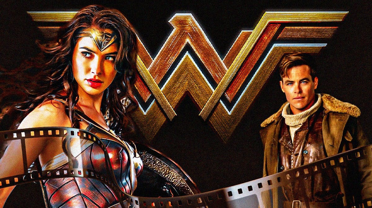 Gal Gadot as Wonder Woman and logo with Chris Pine as Steve Trevor.