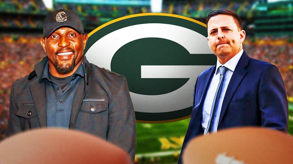 Former NFL linebacker Ray Lewis with New England Patriots de facto general manager Eliot Wolf. They are next to a logo for the Green Bay Packers.