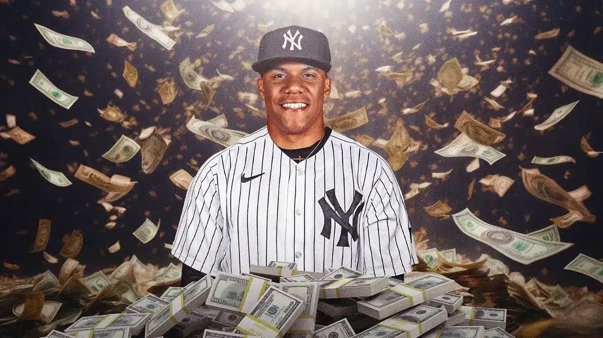 Juan Soto surrounded by piles of cash.