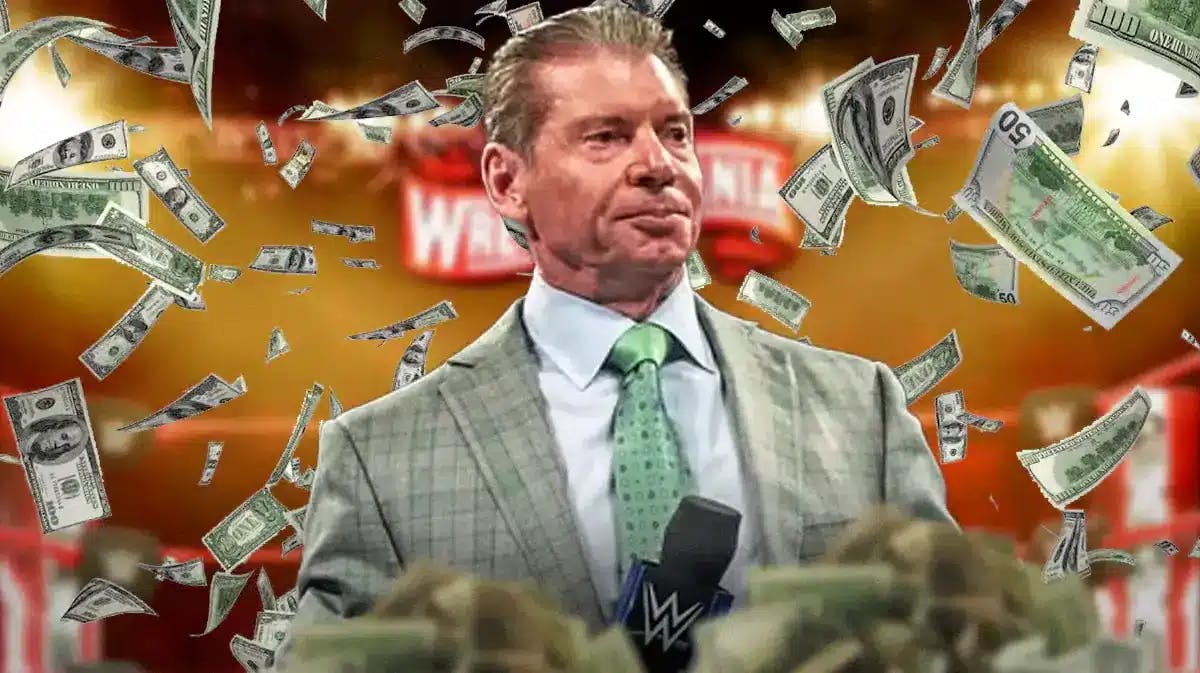 Vince McMahon surrounded by piles of cash.