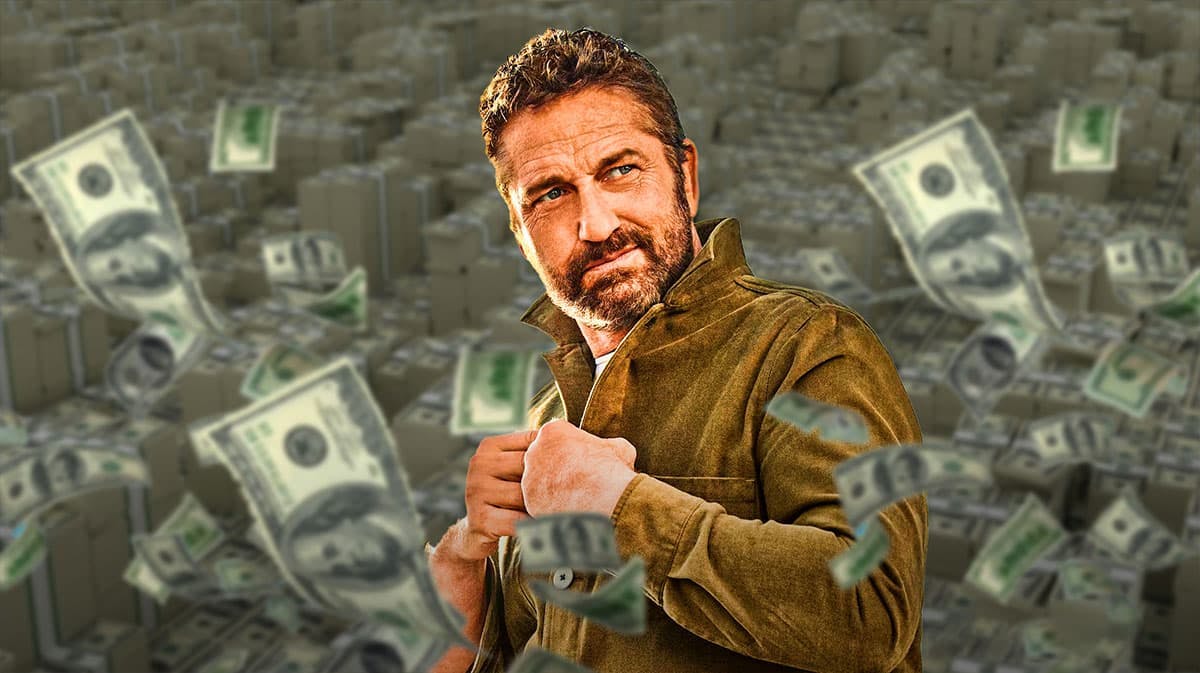 Gerard Butler surrounded by piles of cash.