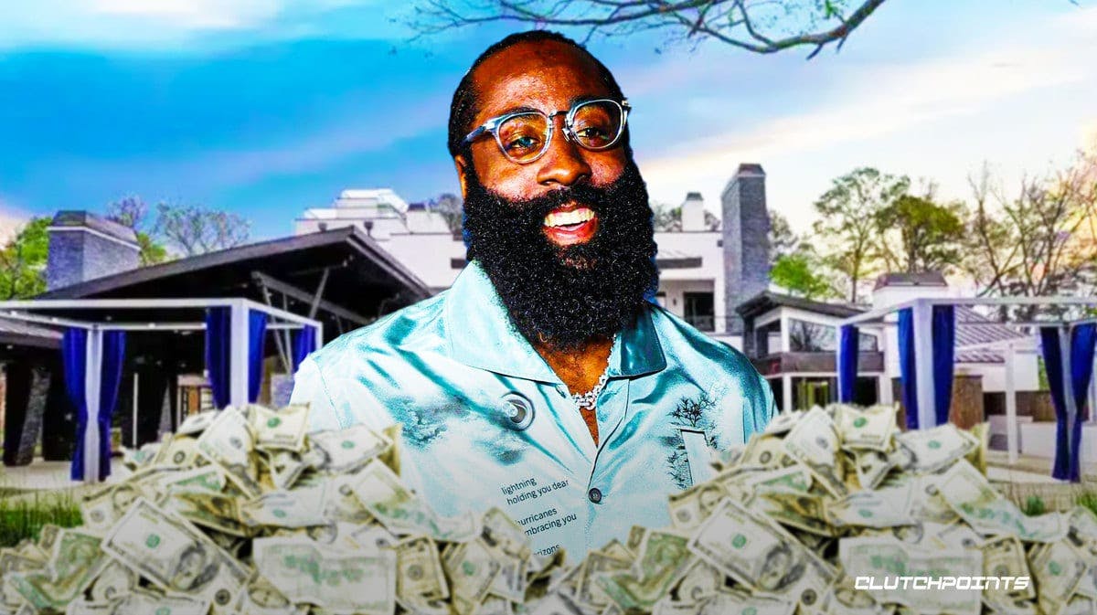 James Harden in front of his Houston mansion surrounded by piles of cash.