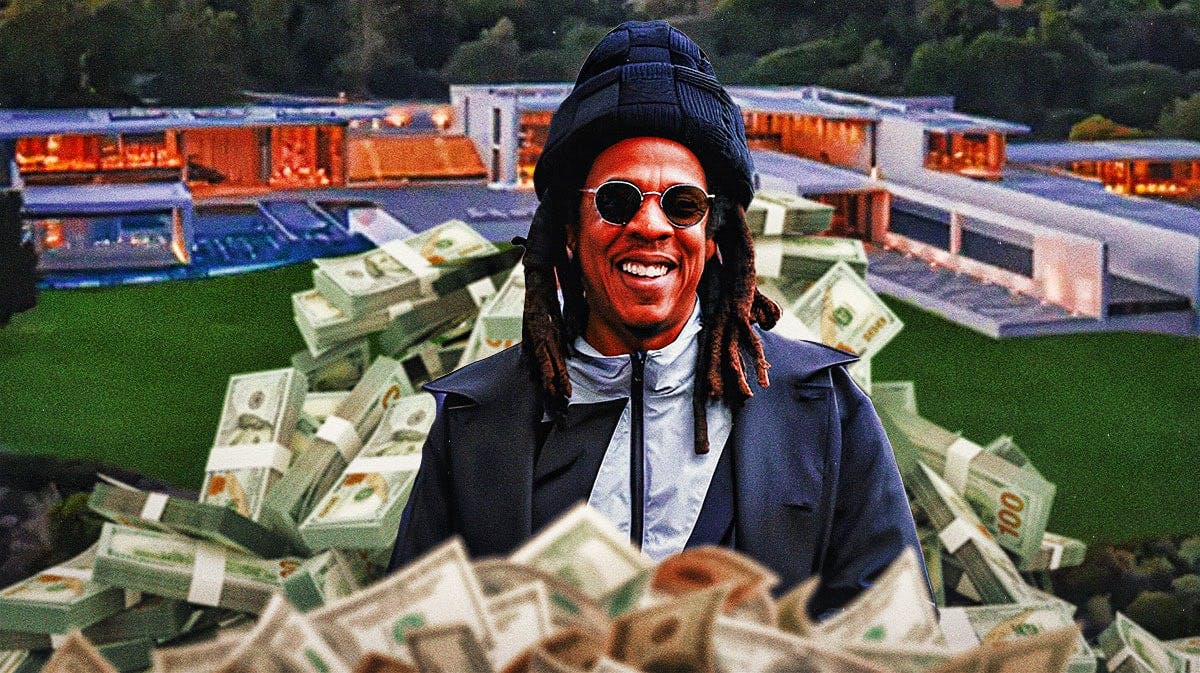 Jay-Z surrounded by piles of cash.