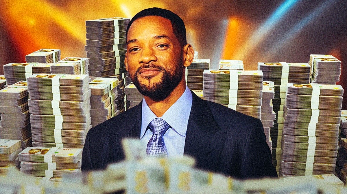 Will Smith surrounded by piles of cash.