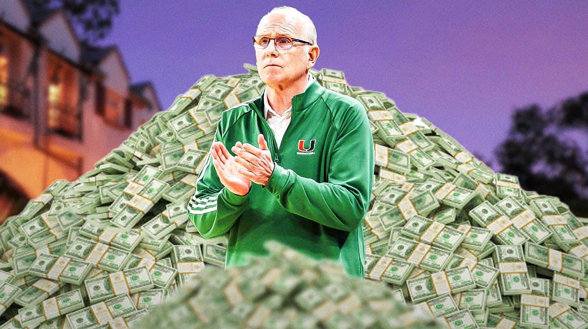 Jim Larranaga surrounded by piles of cash.