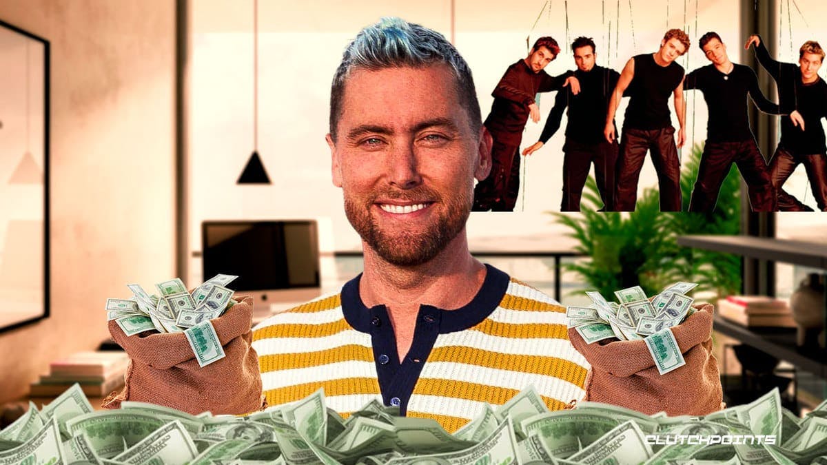 Lance Bass with image of NSYNC from their No Strings Attached album in the background
