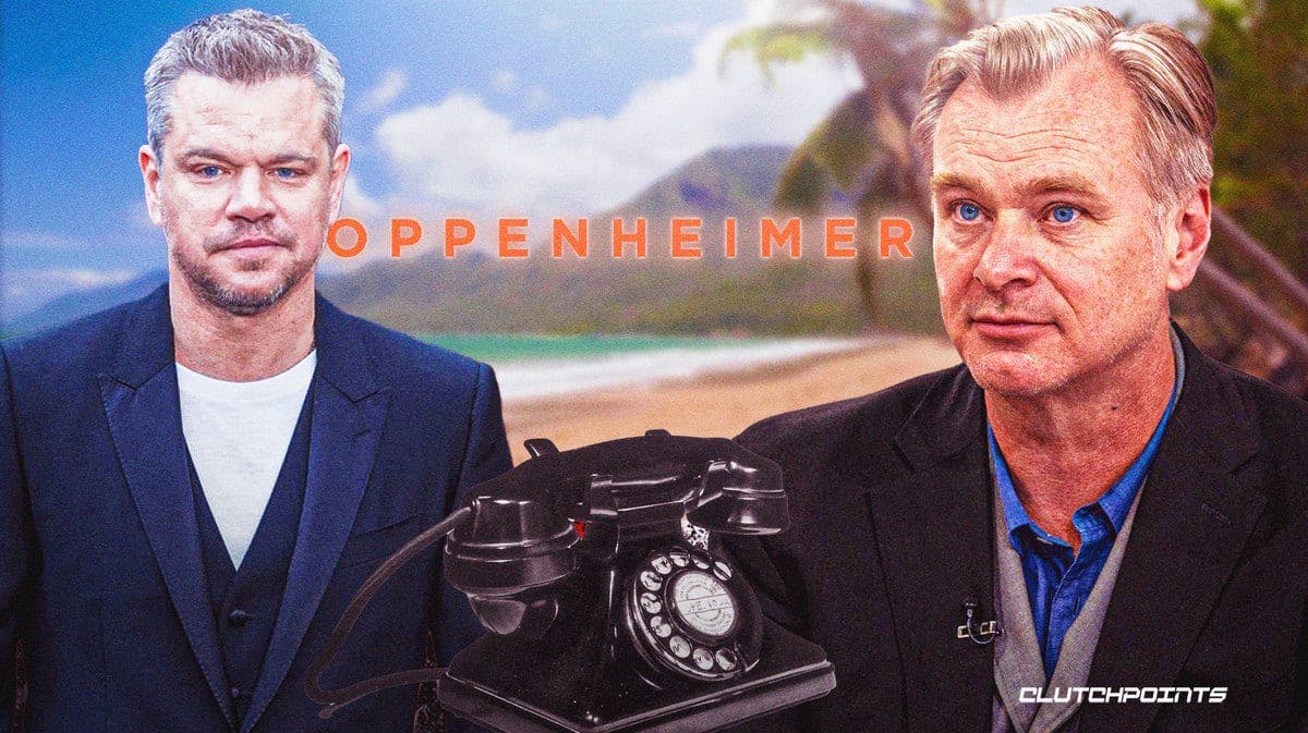 Matt Damon on a beach, Oppenheimer, phone, Christopher Nolan