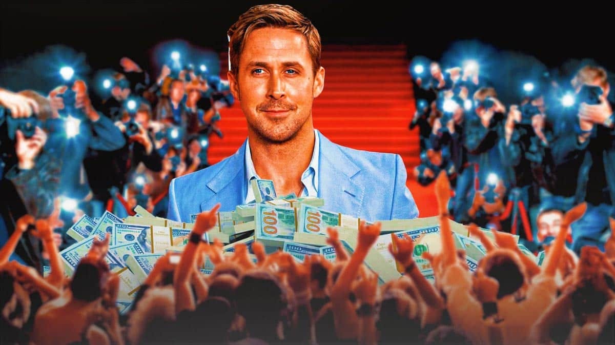Ryan Gosling surrounded by piles of cash.