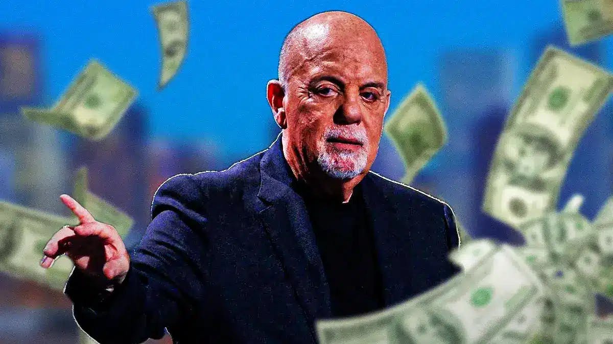 Billy Joel surrounded by piles of cash.