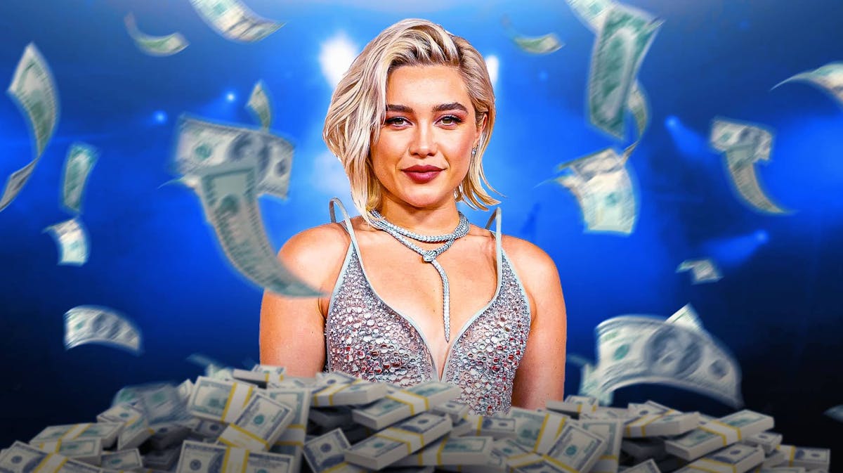 Florence Pugh surrounded by piles of cash.