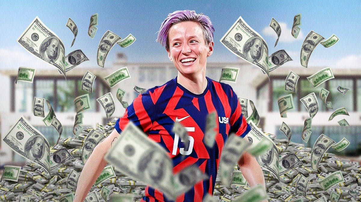 Megan Rapinoe surrounded by piles of cash.