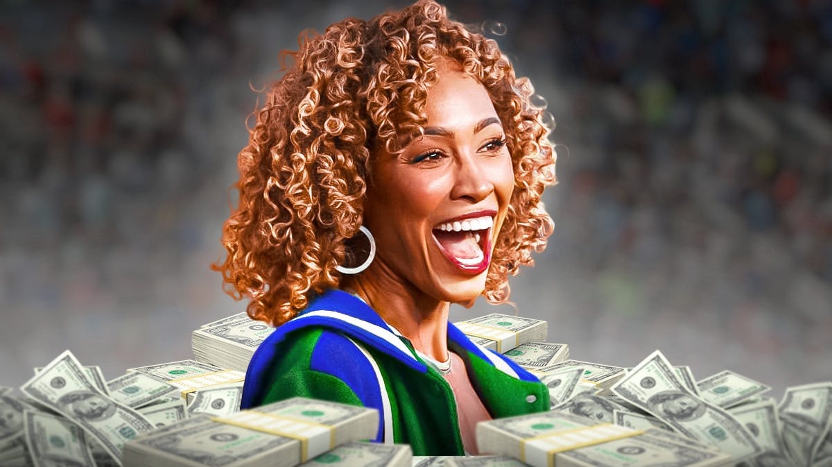 Sage Steele surrounded by piles of cash.
