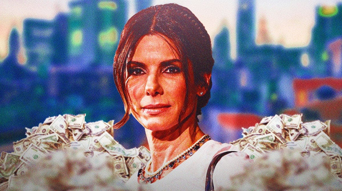 Sandra Bullock surrounded by piles of cash.