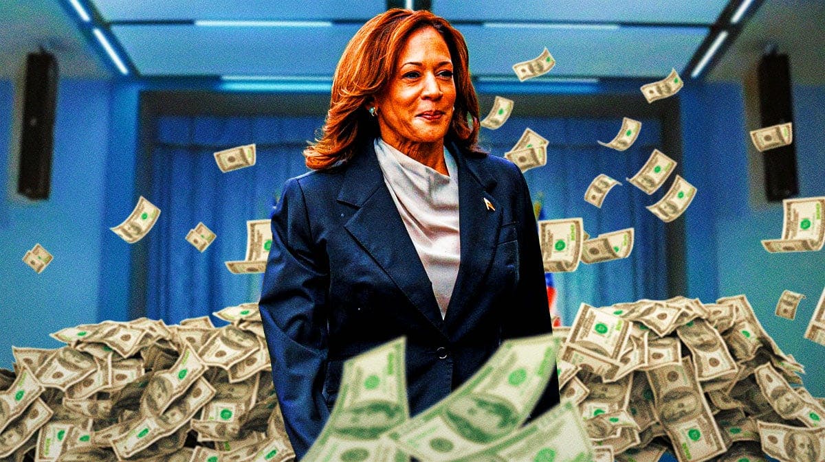 Kamala Harris surrounded by piles of cash.