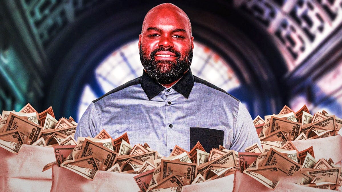 Michael Oher surrounded by piles of cash.