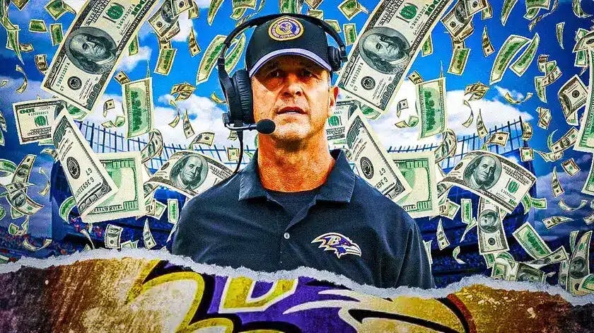 John Harbaugh surrounded by piles of cash.