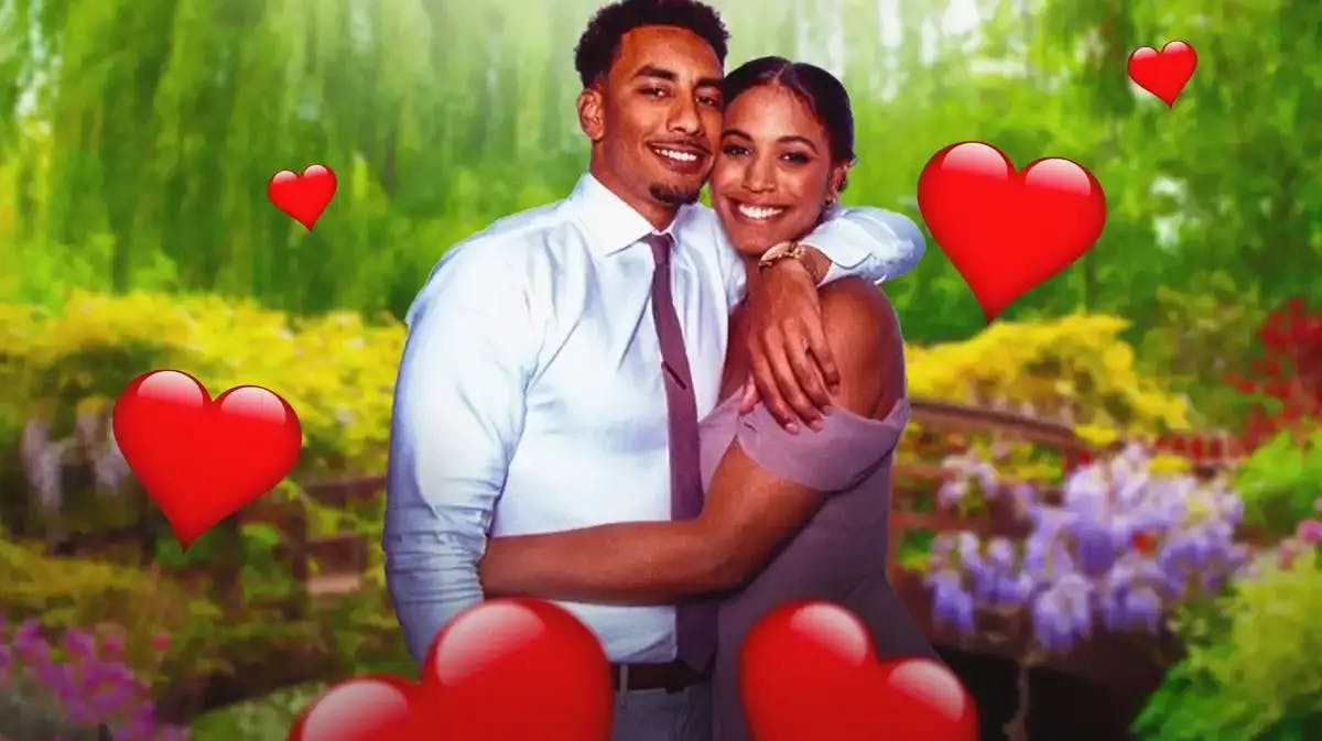 Jordan Love and Ronika Stone surrounded by hearts.