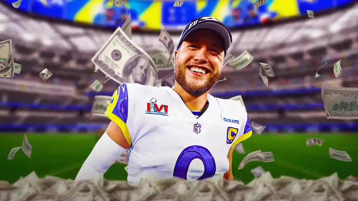 Matthew Stafford surrounded by piles of cash.
