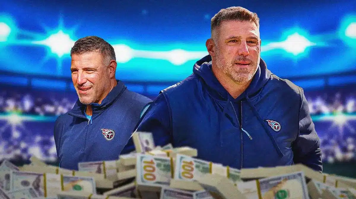 Mike Vrabel surrounded by piles of cash.