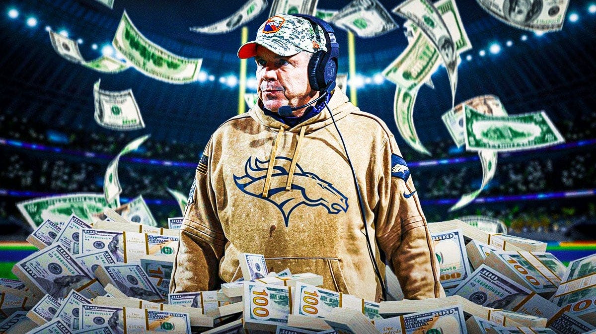 Sean Payton surrounded by piles of cash.