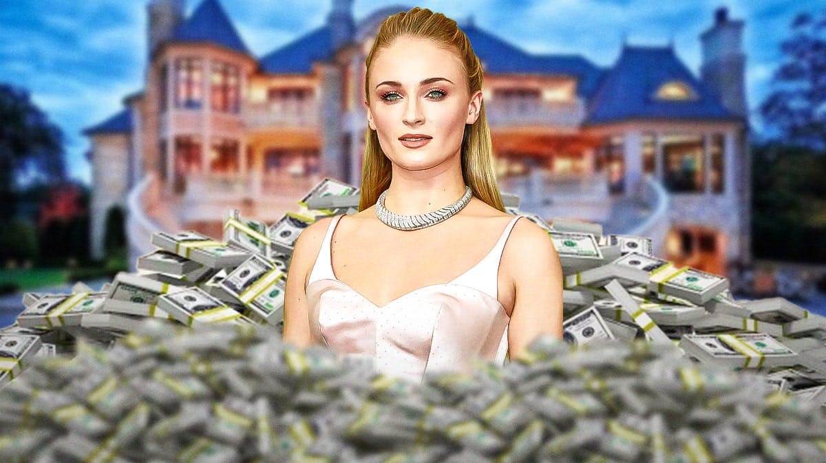 Sophie Turner surrounded by piles of cash.