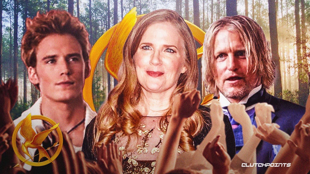 The Hunger Games, Finnick (Sam Claflin), Suzanne Collins, Haymitch (Woody Harrelson)