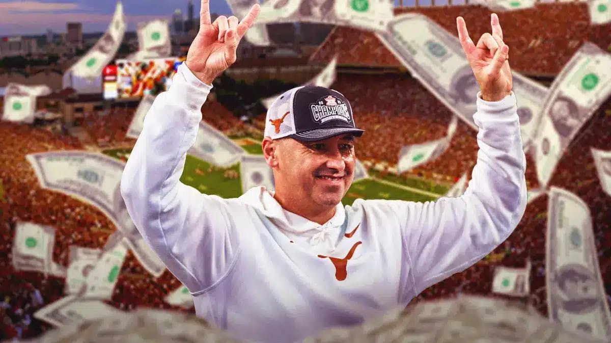 University of Texas football coach Steve Sarkisian surrounded by piles of cash.