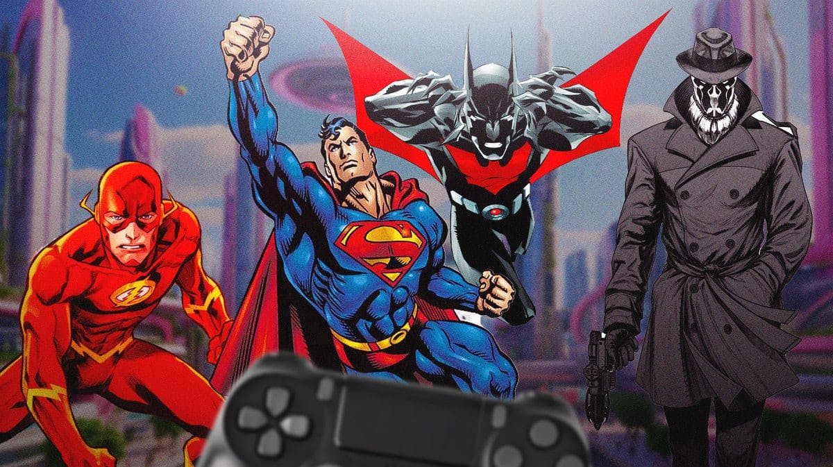 From left to right: The Flash, Superman, Batman Beyond, and Rorschach with a PlayStation controller. 10 DC Heroes That Deserve A Video Game