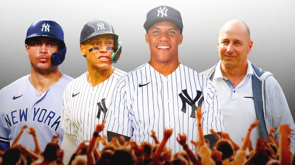 Juan Soto in Yankees jersey, Brian Cashman, Aaron Judge, Giancarlo Stanton all in background, Yankee Stadium as silhouette