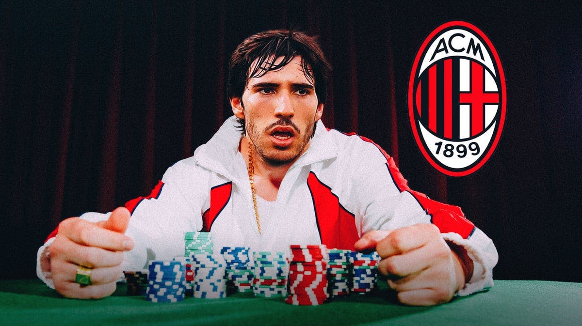 Sandro Tonali sitting in a casino, the AC Milan logo in the air