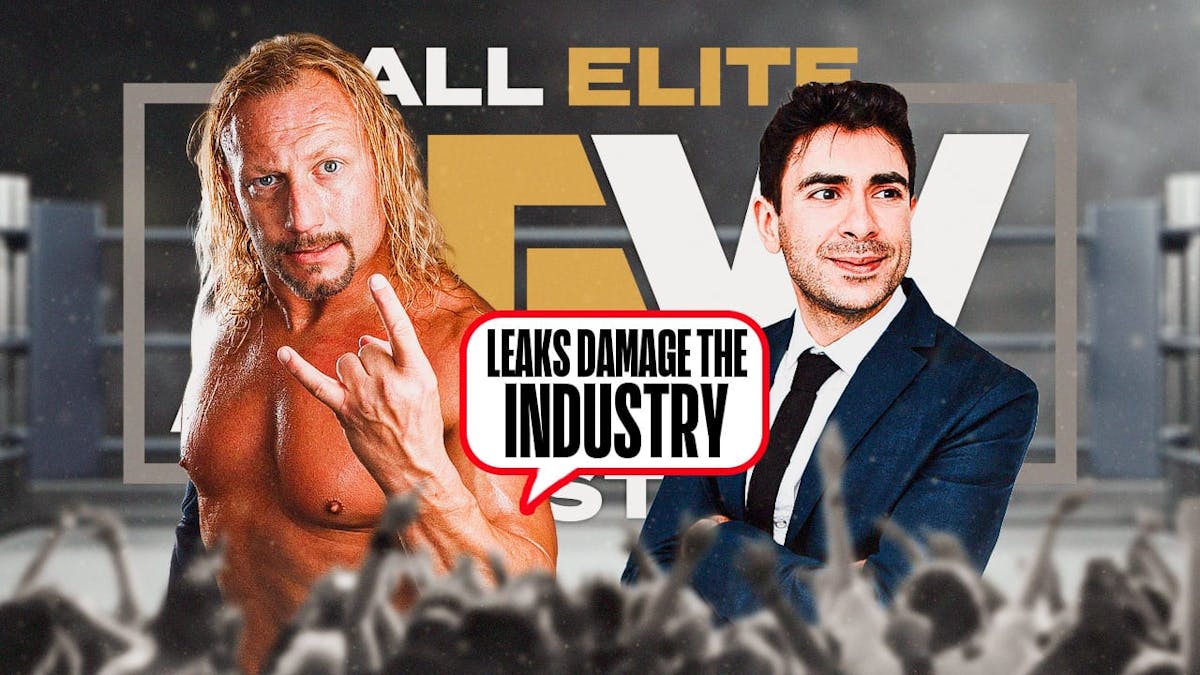 AEW’s Jerry Lynn with a text bubble reading “Leaks damage the industry” next to Tony Khan with the AEW logo as the background.