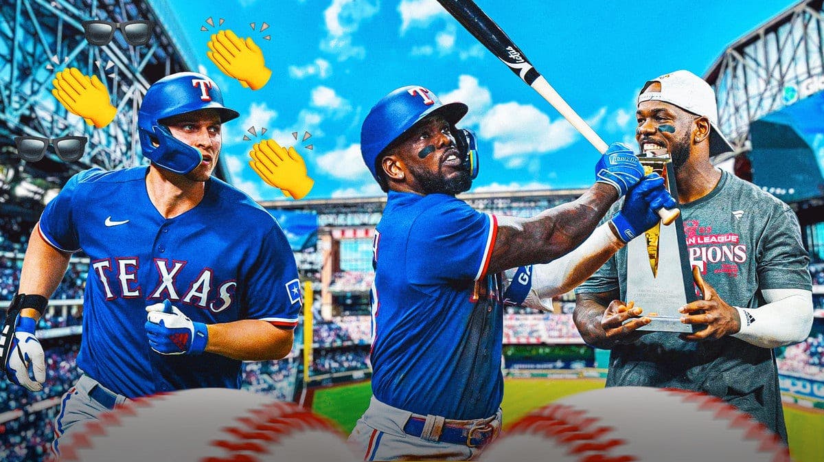 Rangers' Adolis Garcia swinging on the right alongside a pic of him winning the 2023 ALCS MVP, with Corey Seager looking at Garcia proudly with the clapping and sunglasses emoji around Seager