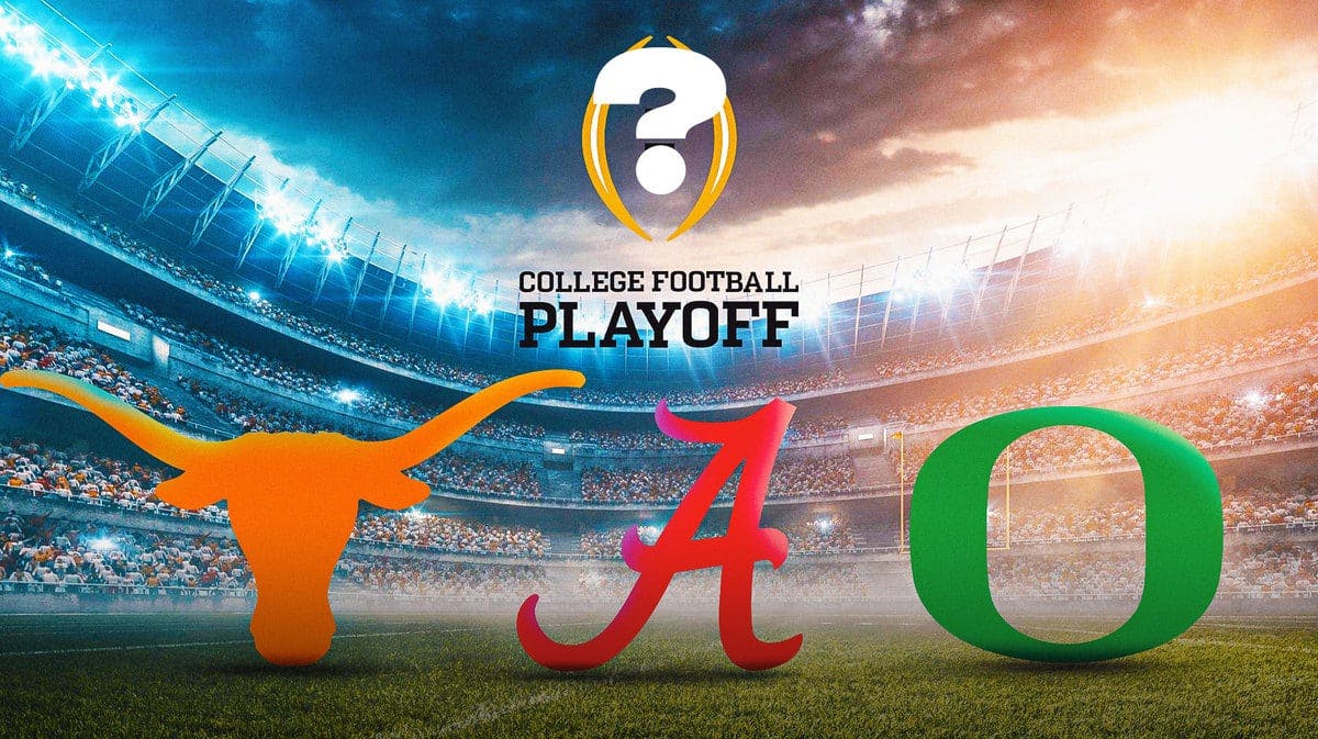 College football playoff logo with question mark and Alabama football, Oregon football, and Texas football