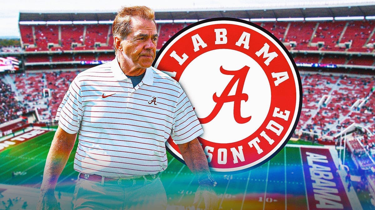 Alabama football head coach Nick Saban with the Alabama logo in the background.