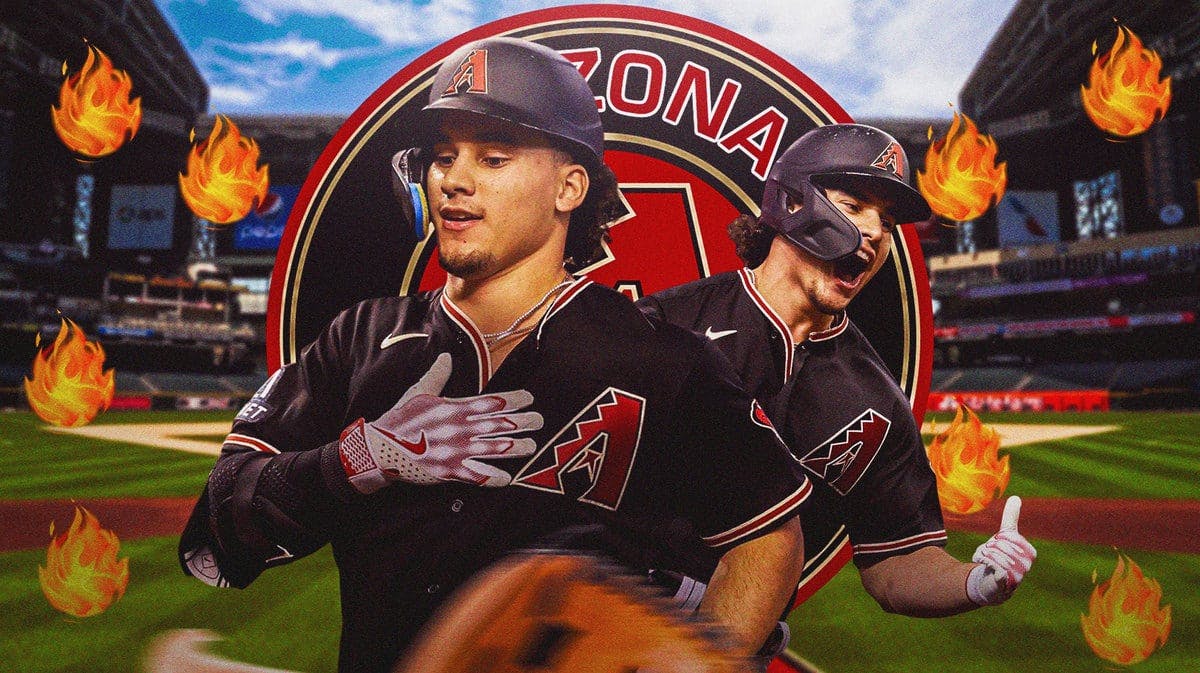 Image: Alek Thomas in middle of image with fire around him looking happy, AZ Diamondbacks logo, baseball field in background