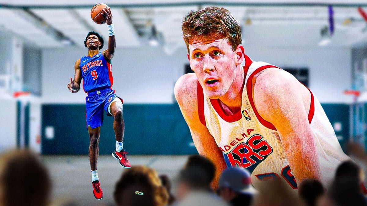 Pistons' Ausar Thompson jumping high, with Sixers' Shawn Bradley beside him