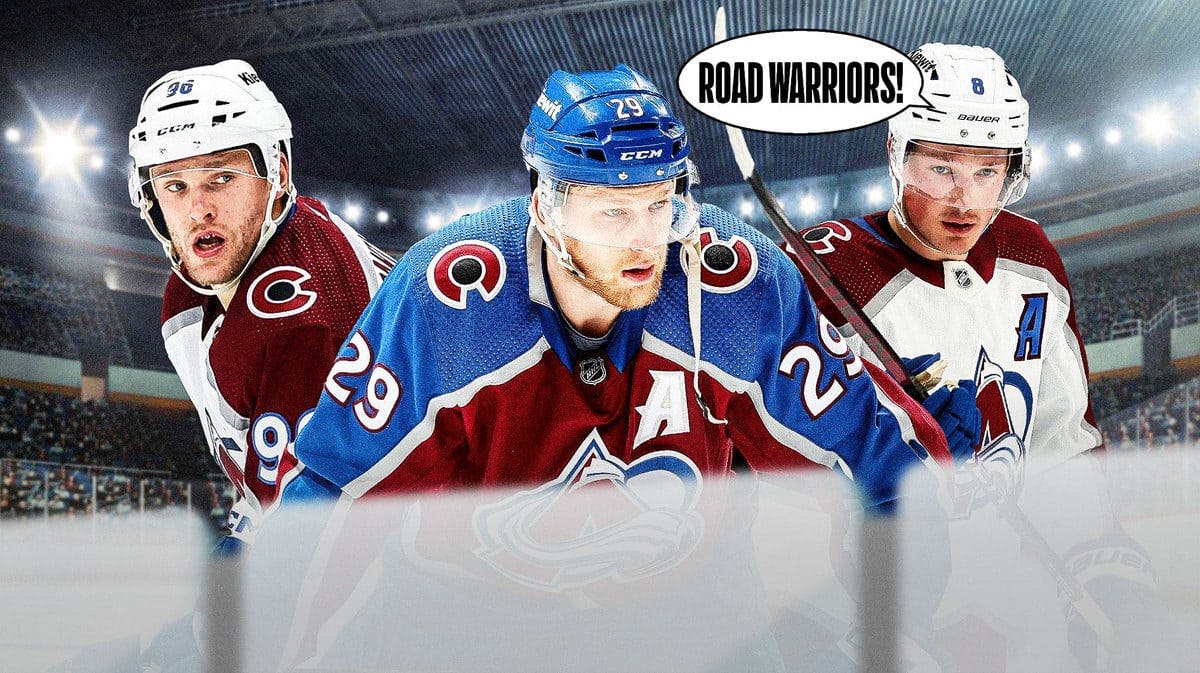 Colorado Avalanche players Nathan MacKinnon, Mikko Rantanen, and Cale Makar proclaiming they're road warriors.