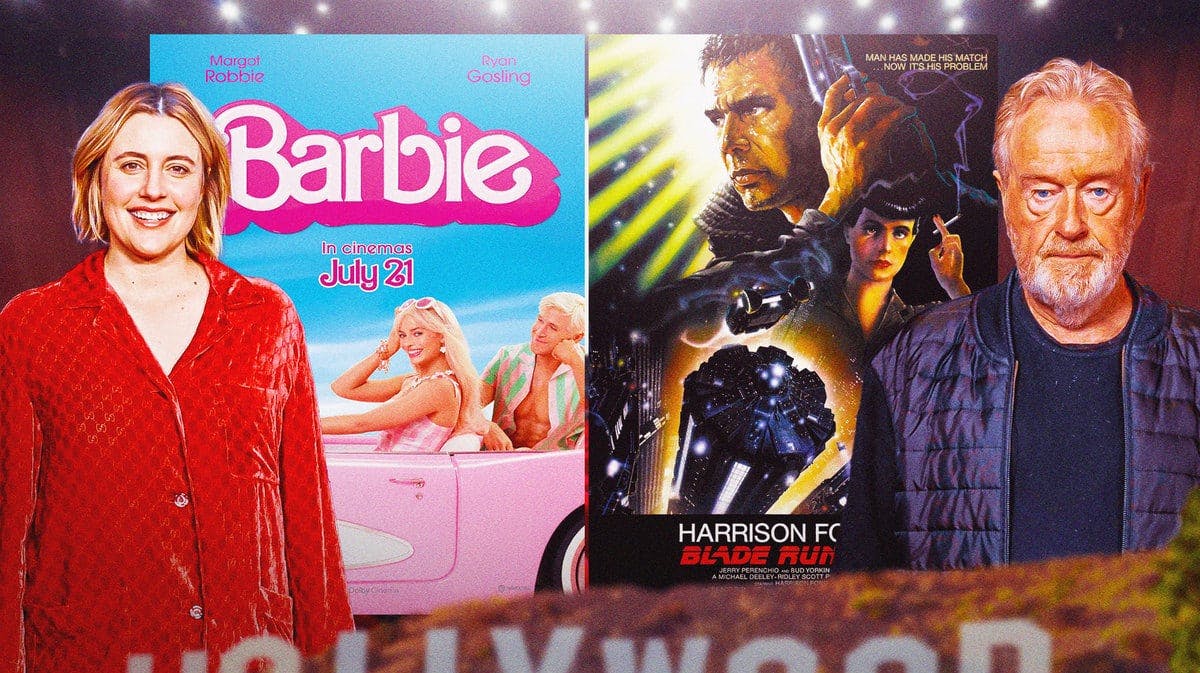 Greta Gerwig and Ridley Scott in front of Barbie and Blade Runner posters.