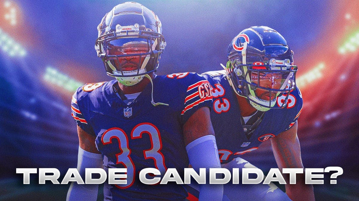 Bears cornerback Jaylon Johnson behind a caption that reads "trade candidate?"
