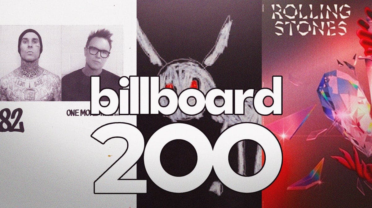 Billboard 200 logo in front of Blink-182 One More TIme, Drake For All The Dogs, and The Rolling Stones Hackney Diamonds.