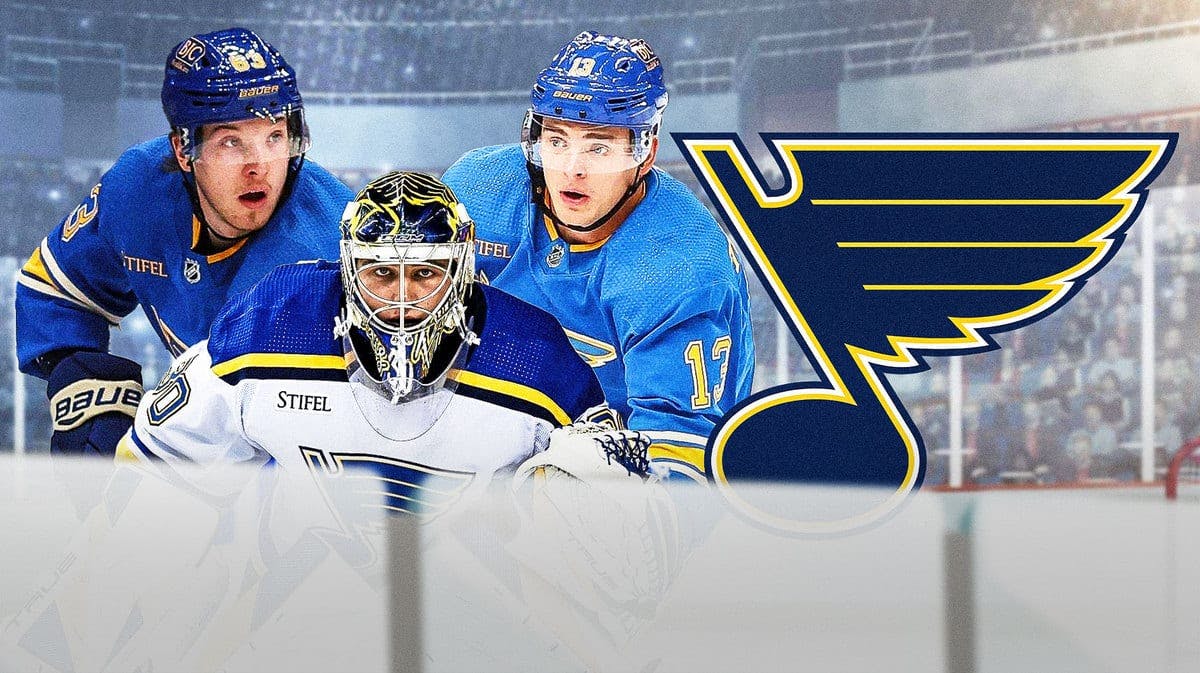 St. Louis Blues breakout candidates Joel Hofer, Alexey Toropchenko, and Jake Neighbours at a hockey rink.