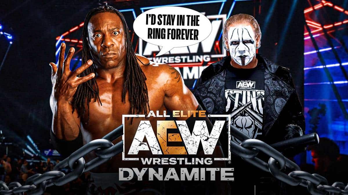Booker T with a text bubble reading “I’d stay in the ring forever” next to AEW’s Sting with the AEW Dynamite logo as the background.