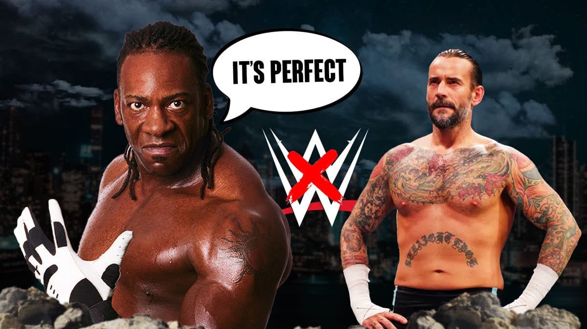 Booker T with a text bubble reading “It’s perfect” next to CM Punk with a crossed out WWE logo in the background.