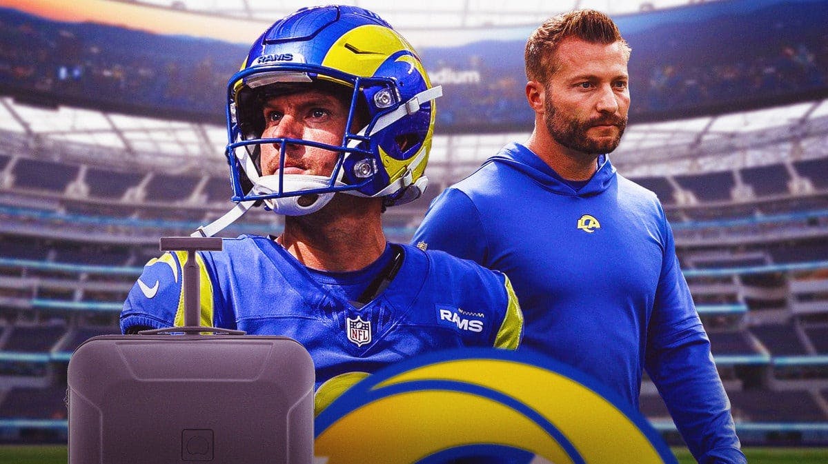 Brett Maher with suitcase beside him in Rams jersey looking serious, Sean McVay looking serious as well