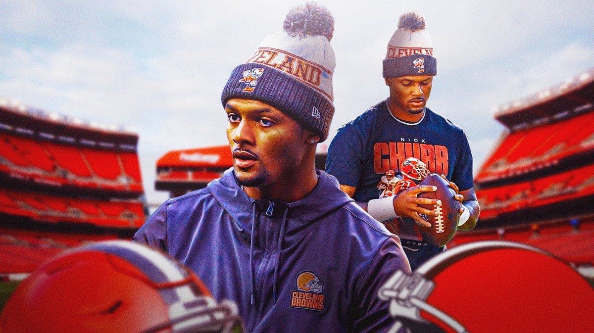Deshaun Watson with no expression on his face in Browns shirt