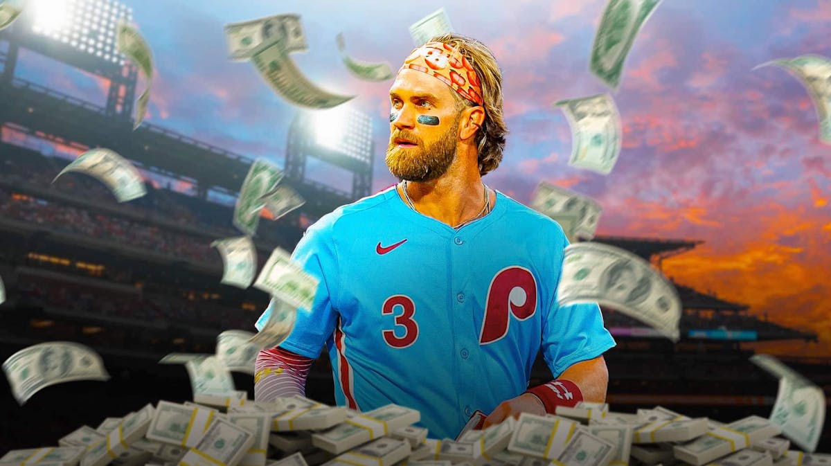 Bryce Harper surrounded by piles of cash.