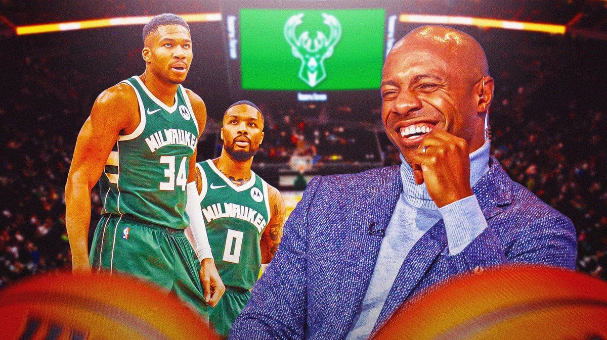 Bucks star Giannis Antetokounmpo and Damian Lillard looking at NBA analyst Jay Williams after their debut together.