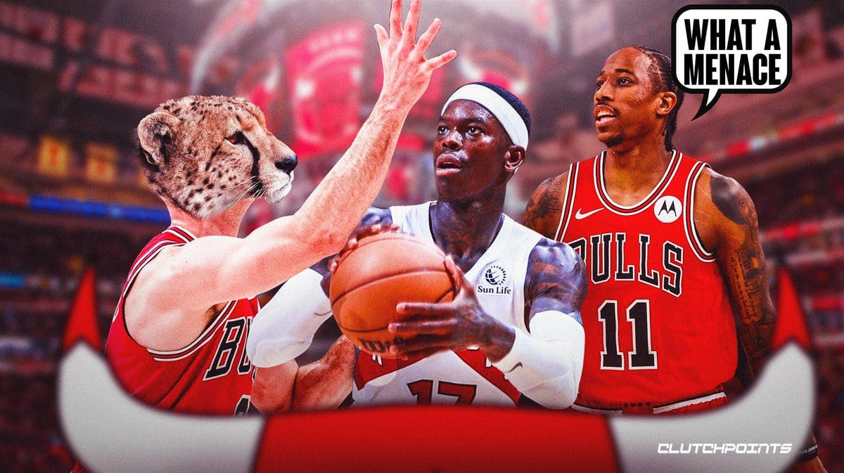 Alex Caruso in Bulls jersey guarding Dennis Schroder in Raptors jersey but have a Cheetah as Caruso’s head, have DeRozan in Bulls jersey beside him smiling saying “What a menace”