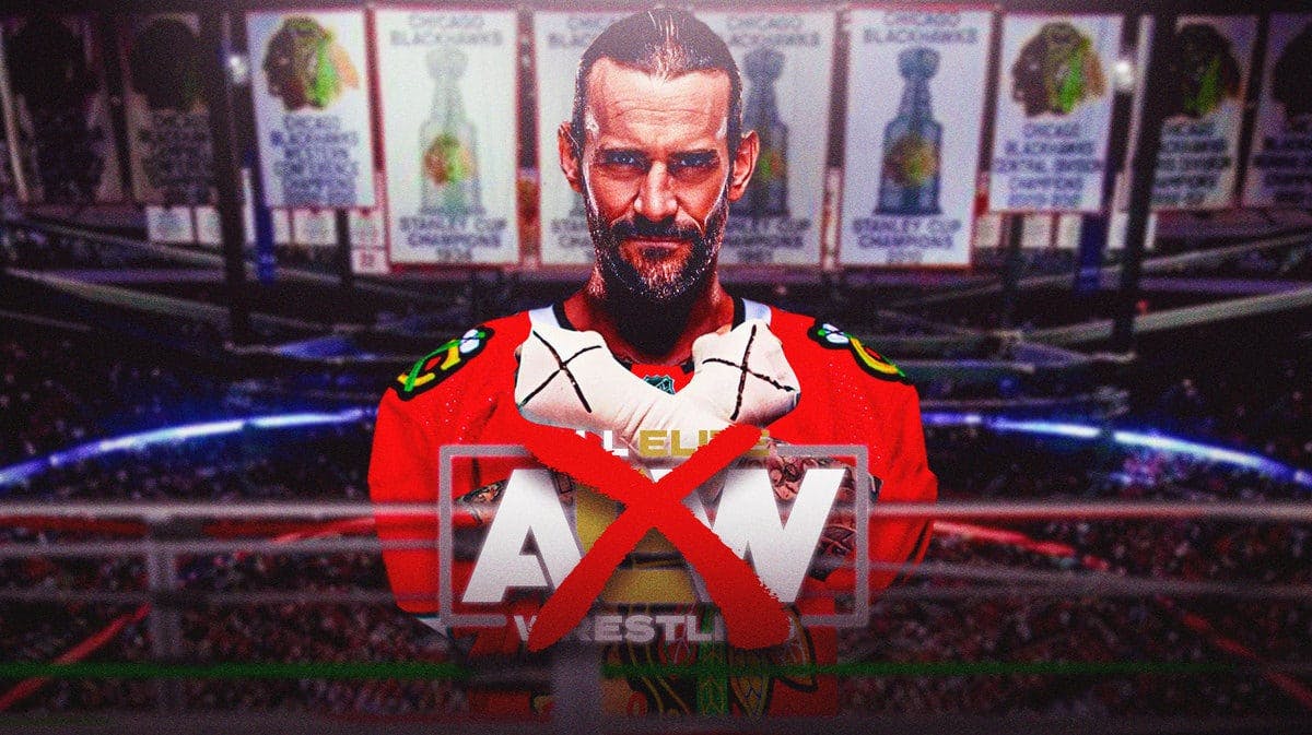 CM Punk wearing a Chicago Blackhawks jersey in front of the United Center With a crossed out AEW logo on in the background.