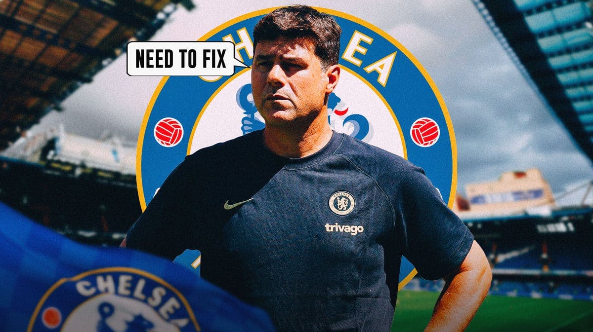 Mauricio Pochettino saying ‘Need to fix’ in front of the Chelsea logo